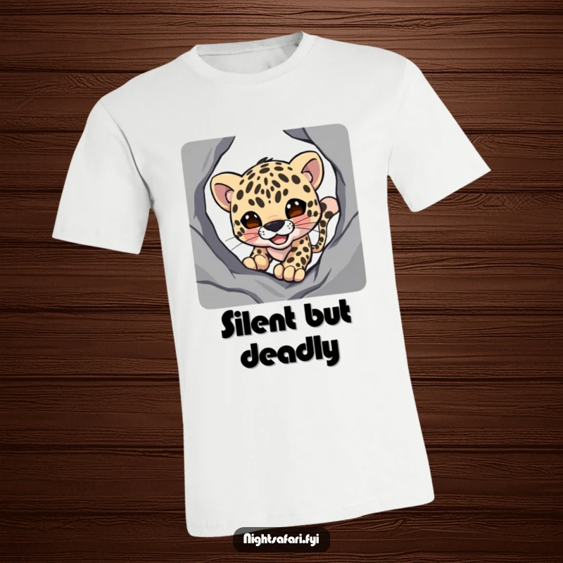 Funny t-shirt with a smiling leopard character slyly stalking through shadowy depths, exuding cool confidence.