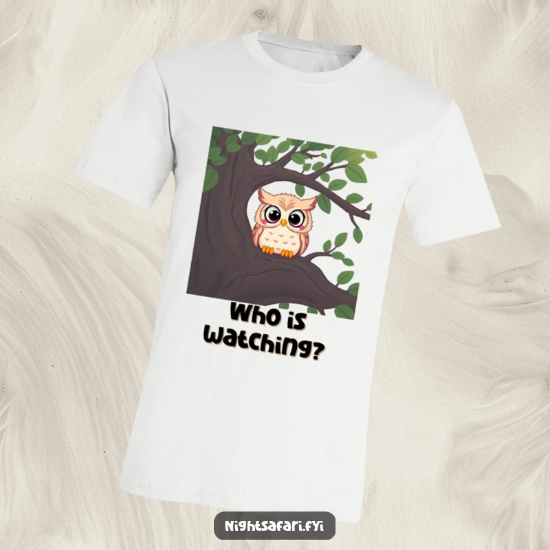 Funny owl t-shirt with wide eyes, peering from a shadowy tree branch, embodying curiosity.