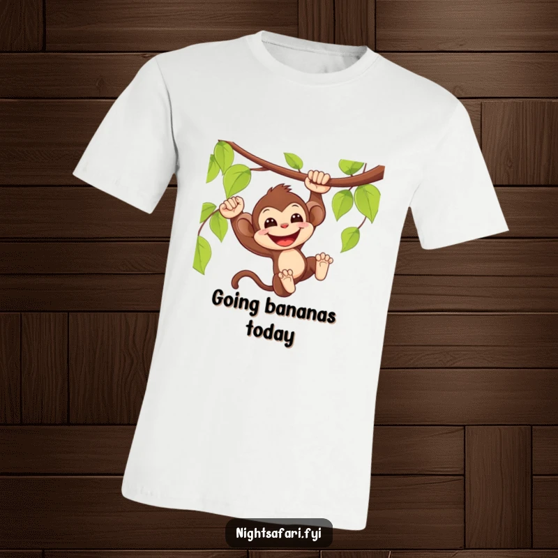 Funny Monkey T-Shirt: Delighted monkey swinging from a vine with a wide smile, adventurous and funny.