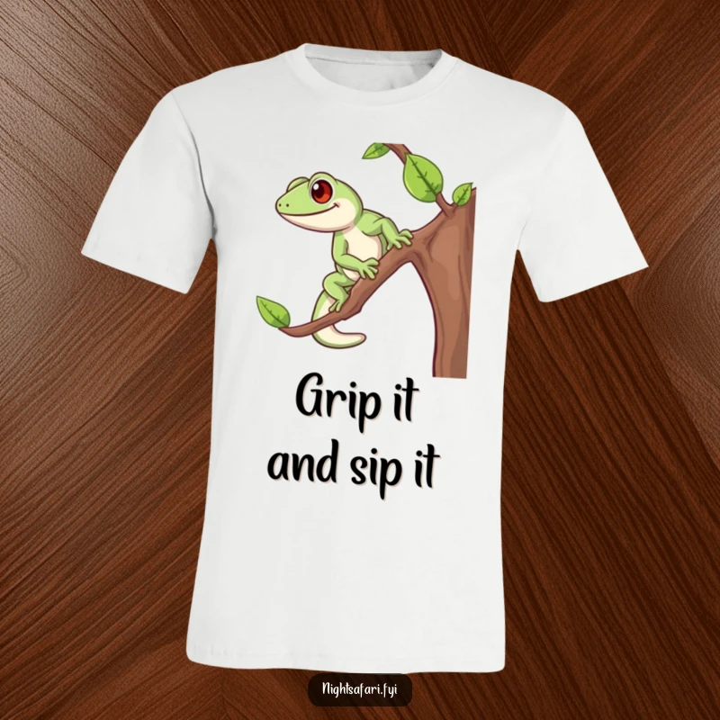 Funny Gecko T-Shirt with a cheerful, energetic gecko boldly climbing a branch, capturing a moment of determined fun.