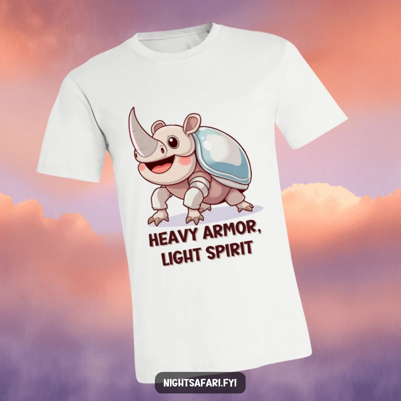 Funny Rhinoceros Beetle T-Shirt: A joyful beetle with shiny armor crawling upwards, a strong and humorous shirt.