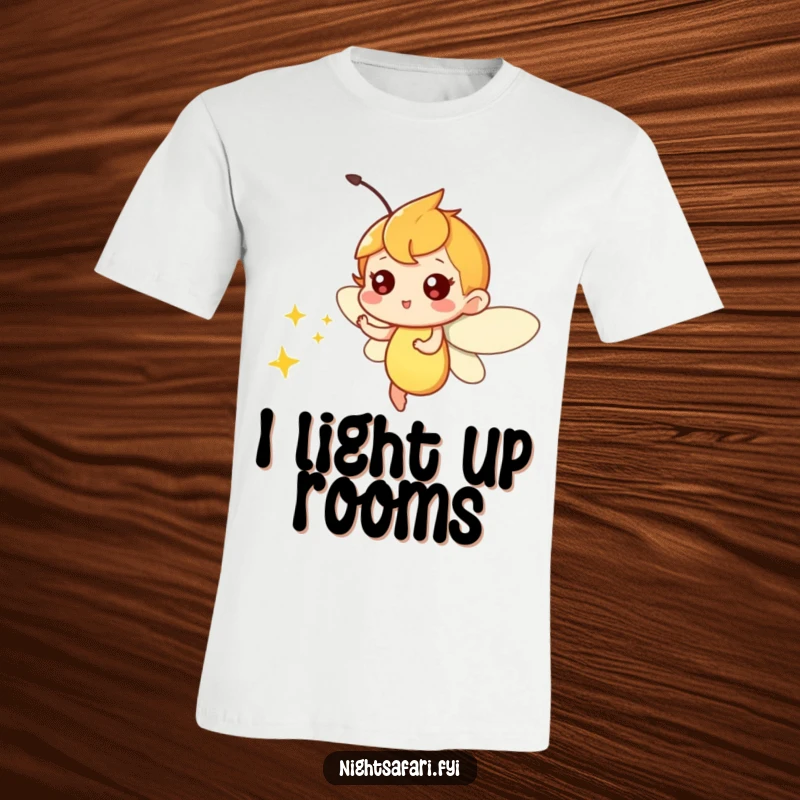 Funny t-shirt with a firefly character playfully zipping through the night, emitting a soft, magical glow.