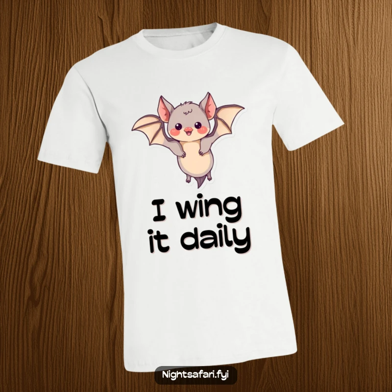 Funny t-shirt depicting a curious bat with small wings performing an energetic and playful aerial loop.
