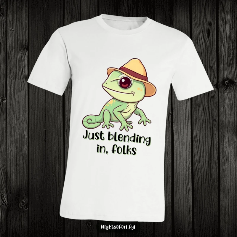 Funny Chameleon T-Shirt: A cheerful chameleon in a safari hat, changing colors, ready for adventure, a fun gift.
