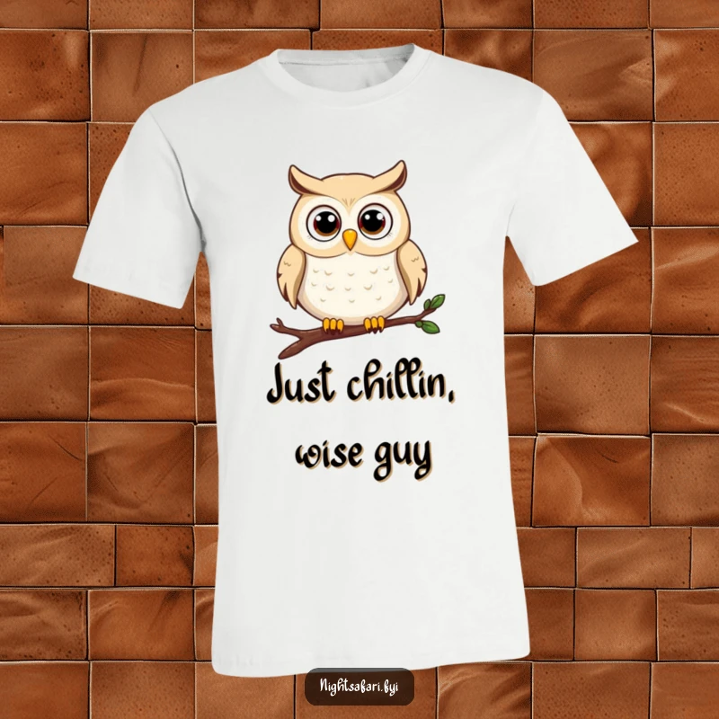 Funny happy owl t-shirt showing a wide-eyed owl character perched on a branch, radiating joy and curiosity.