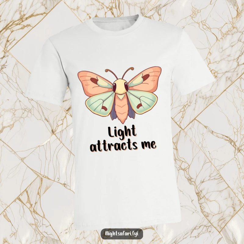 Funny T-Shirt: A moth with prominent, curious antennae being humorously drawn towards a soft, inviting light.