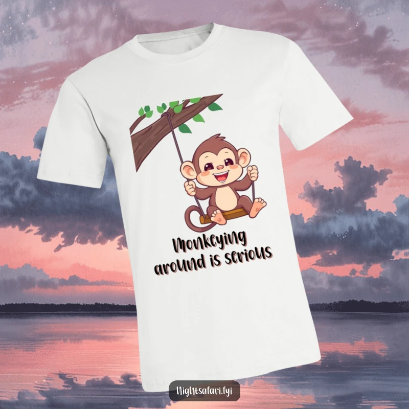 Funny Monkey Headlamp T-Shirt: A playful monkey wearing a headlamp swings through trees, embodying adventure, a great funny gift.