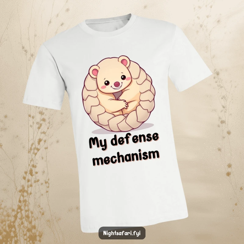 Funny Pangolin T-Shirt illustrating a happy pangolin perfectly curled into a playful, smiling ball, offering cozy humor.