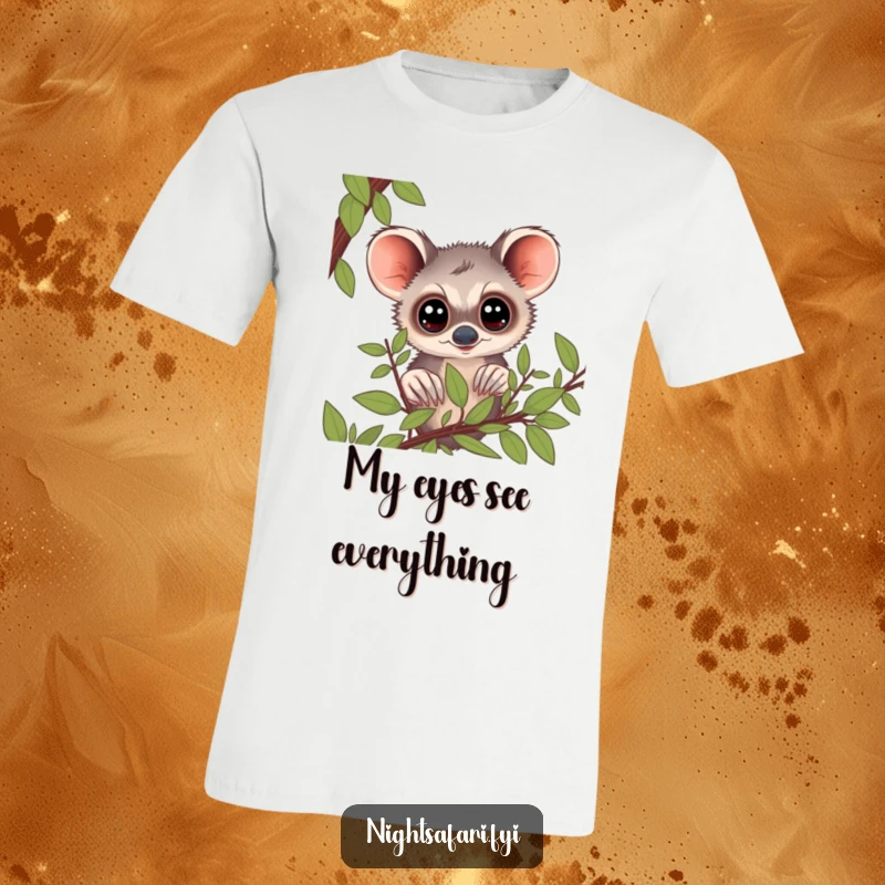Funny Bushbaby T-Shirt: A curious bushbaby with big eyes peering from foliage, a quirky and humorous shirt.