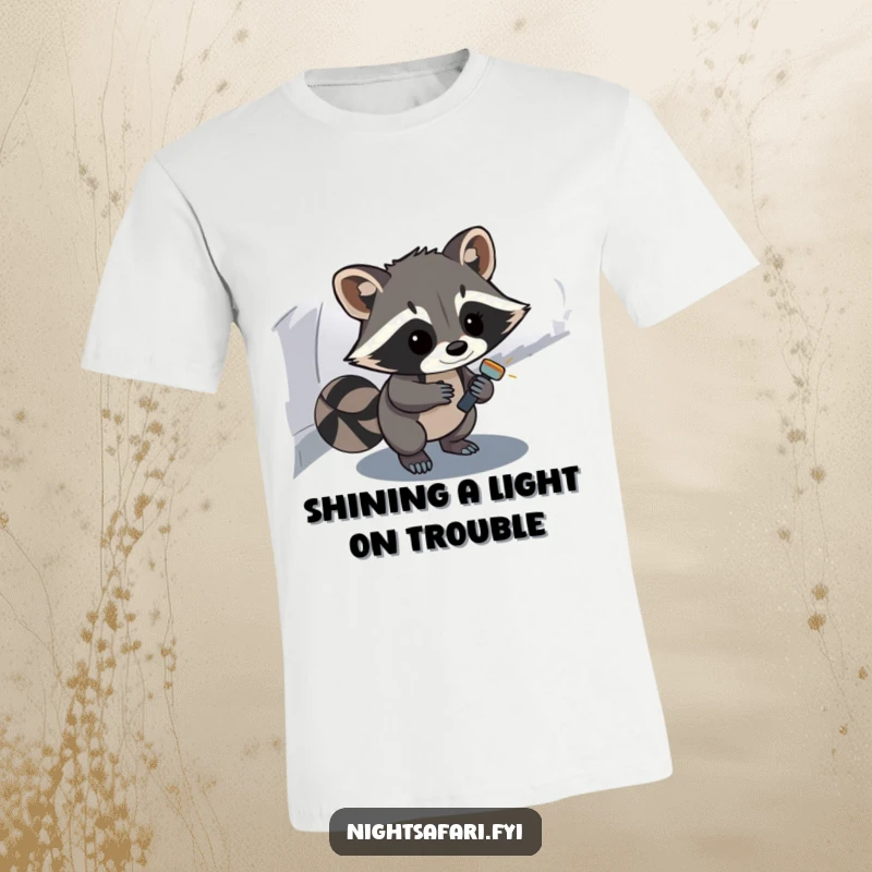 Funny Raccoon T-Shirt: A curious raccoon with a flashlight ventures down a shadowy path, hinting at funny discoveries.
