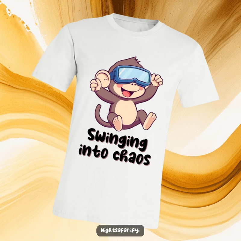 Funny Monkey T-Shirt featuring a playful monkey with night vision goggles, swinging gleefully, embodying a cheeky and adventurous spirit.