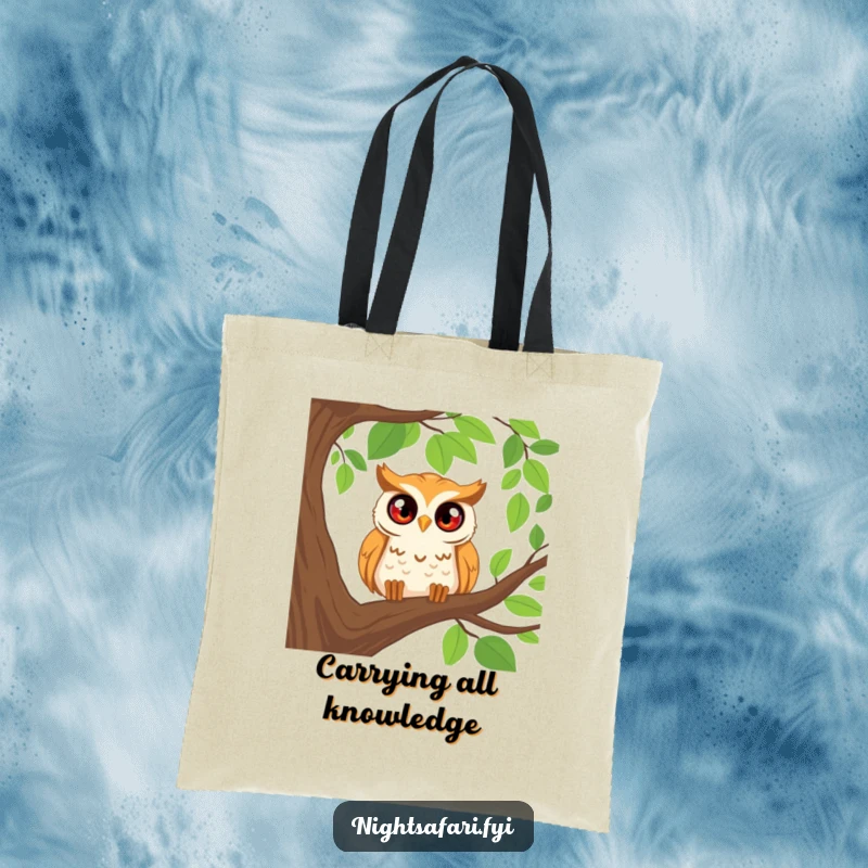 Funny tote bag featuring a happy owl with wide, curious eyes peering from a tree branch, ideal for everyday use.