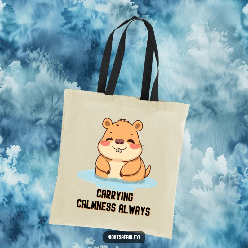 Funny tote bag featuring a cheerful capybara character enjoying peaceful relaxation by the water. Great for errands.