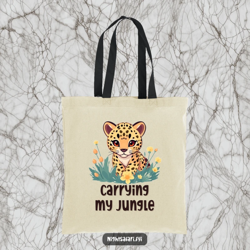 Funny Tote Bag: A gentle-eyed leopard playfully stalking through a vibrant, glowing jungle flora, humorously depicted.