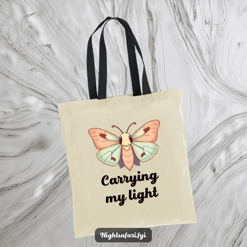 Funny Tote Bag: A moth with large, curious antennae humorously flutters towards a soft, glowing light source.