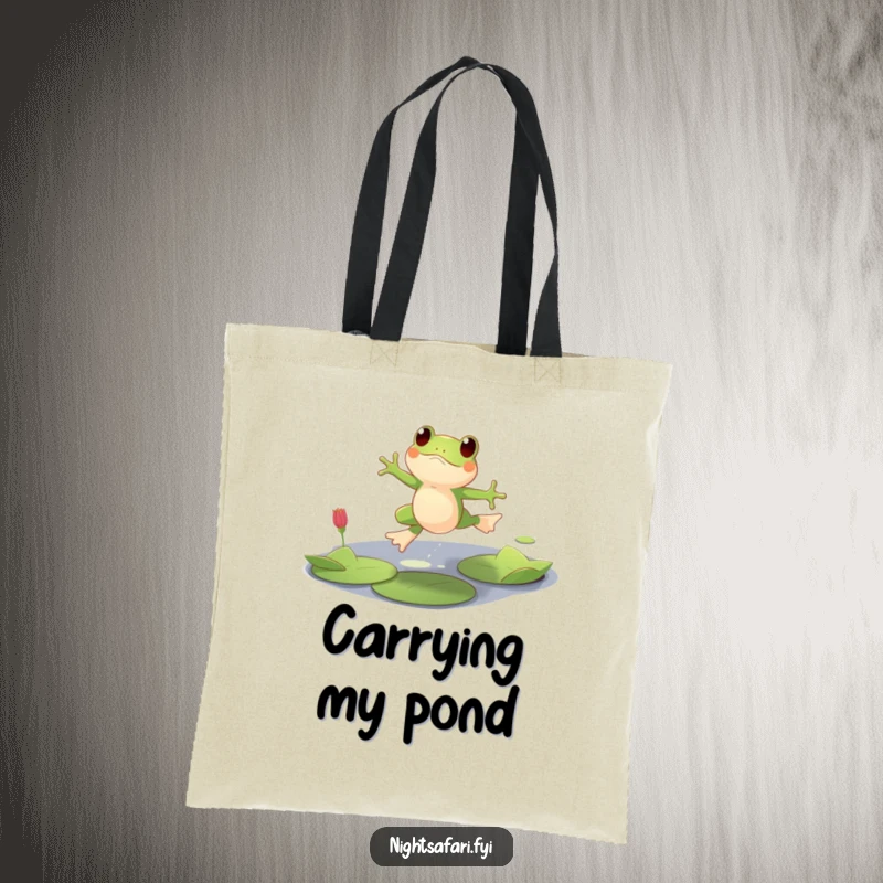 Funny tote bag with a playful frog character leaping between lily pads in dim light, great for shopping.