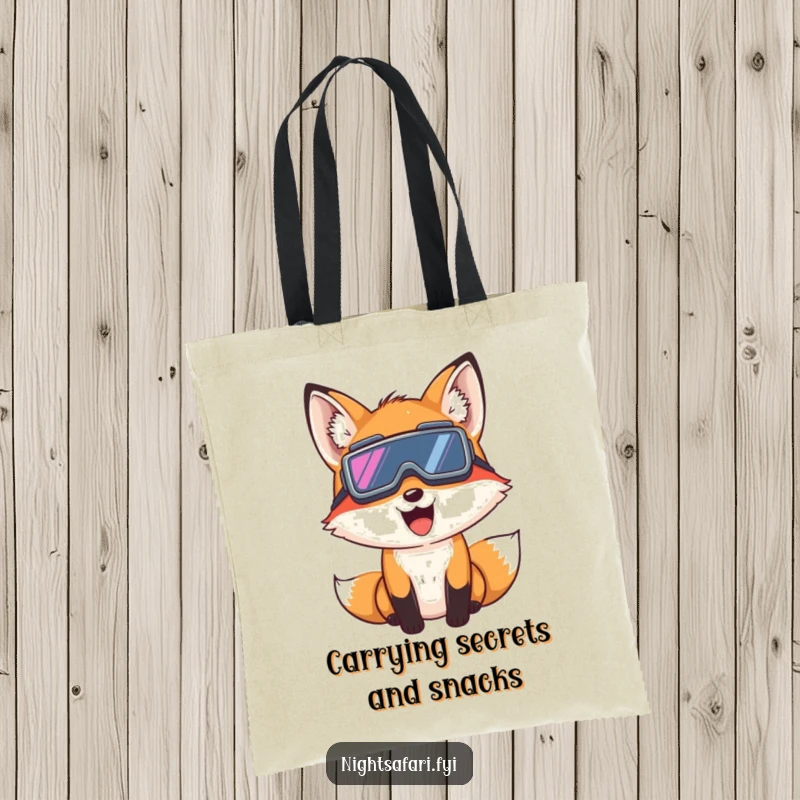 Funny Fox Night Vision Tote Bag: A giggling fox wearing night vision goggles peeks, great for carrying essentials with playful charm, a funny gift.