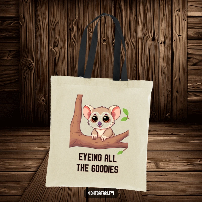 Funny Tarsier Tote Bag showcasing a playful tarsier with large eyes peeking from a branch, great for daily use.