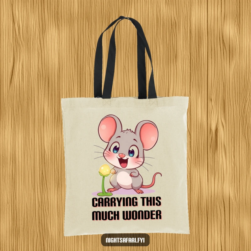Funny Tote Bag: Astonished mouse with huge eyes staring at a luminous, glowing plant, highlighting a humorous situation.