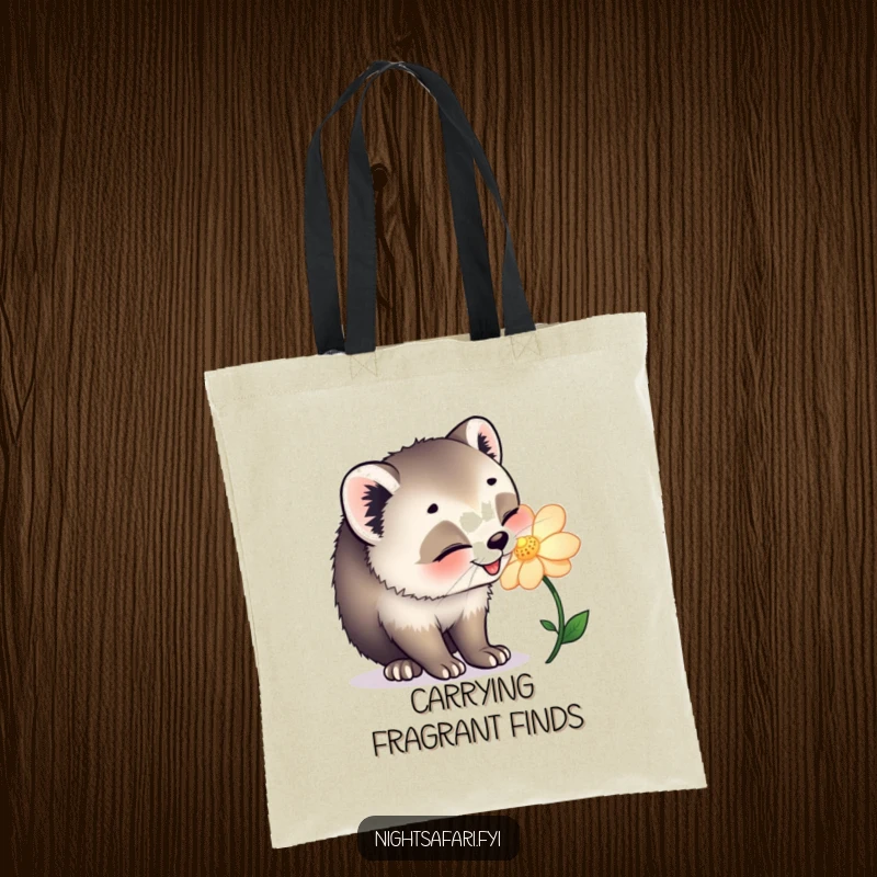 Funny tote bag with a happy civet cat joyfully sniffing a glowing flower, perfect for carrying essentials.