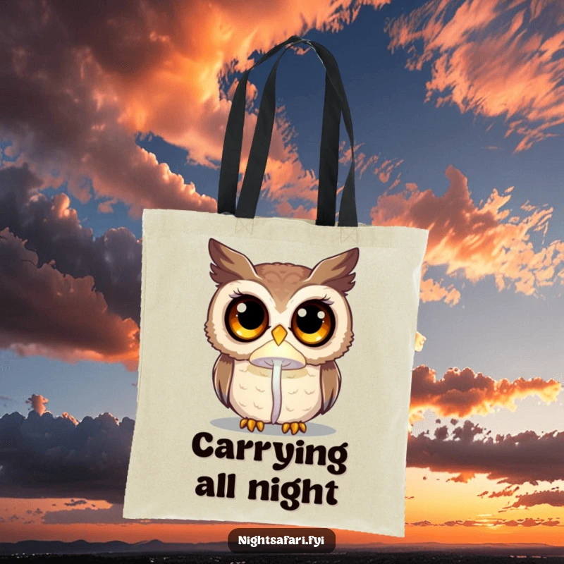 Funny curious owl with big eyes, lit by a glowing mushroom, a stylish tote bag for carrying secrets.