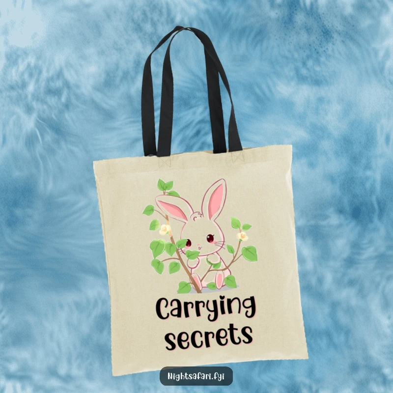 Funny Tote Bag: A cute bunny humorously peeking from behind a vibrant, luminous vine, adding charm.