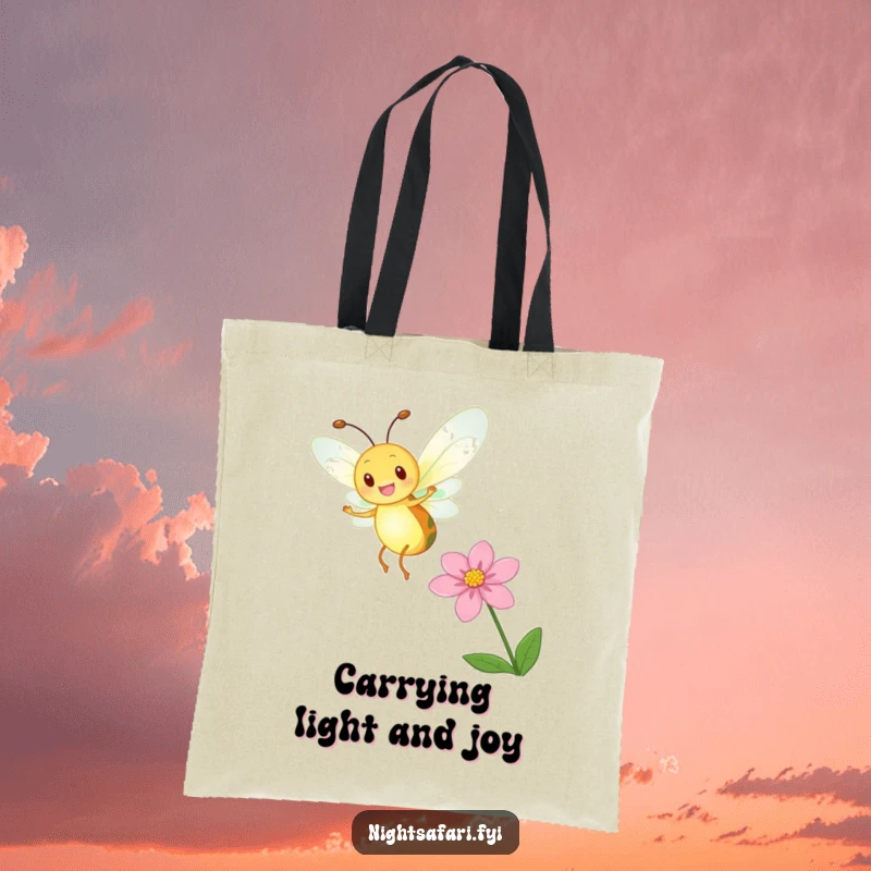 Funny Firefly Tote Bag showcasing a delighted firefly with a glowing body dancing near a flower, great for daily use.