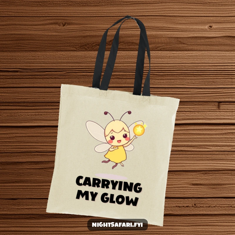 Funny Firefly Tote Bag: Playful firefly character dancing with a glowing orb, for shopping and carrying light.
