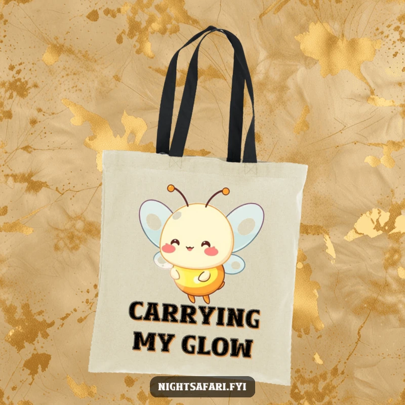 Funny firefly tote bag showcasing a cheerful firefly character emitting a soft, warm glow.