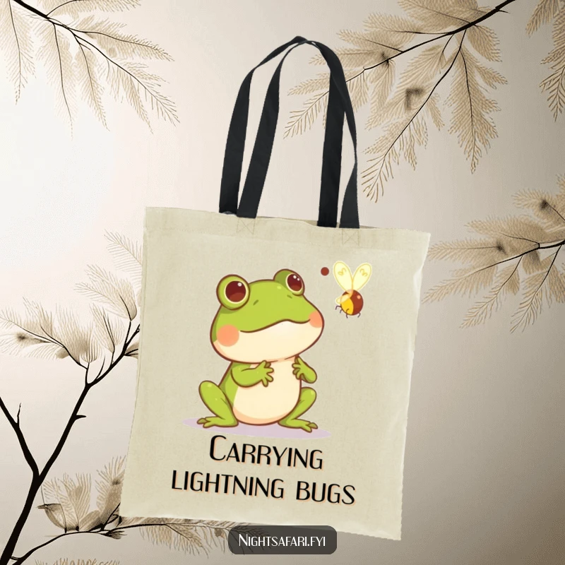 Funny tote bag illustration of a frog comically startled by a fast-moving, glowing firefly, perfect for carrying groceries with a smile.