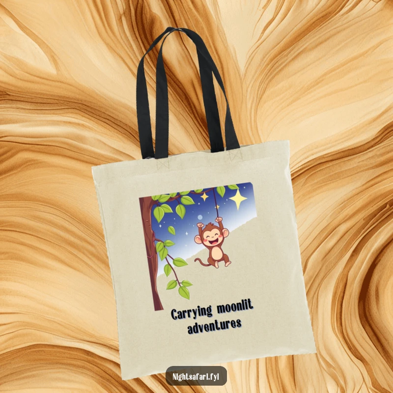 Funny tote bag with a playful monkey swinging from a vine under a starry sky, for adventures.