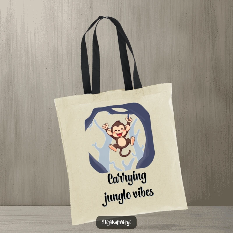 Funny monkey tote bag showcasing a joyful monkey character swinging dynamically through the dark.