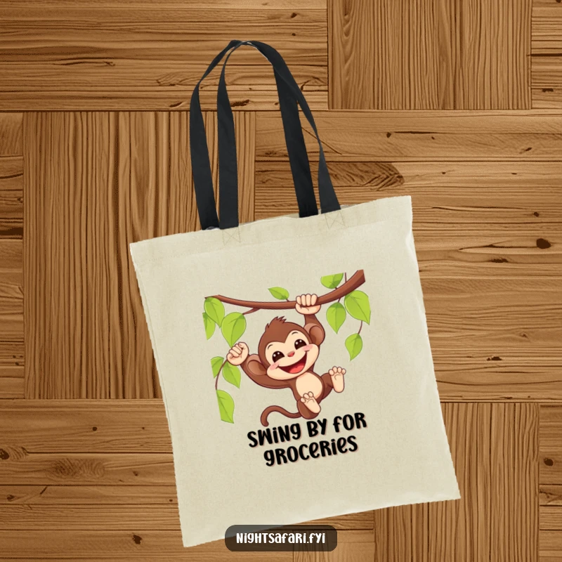 Funny Monkey Tote Bag: Delighted monkey swinging from a vine with a wide smile, for shopping.