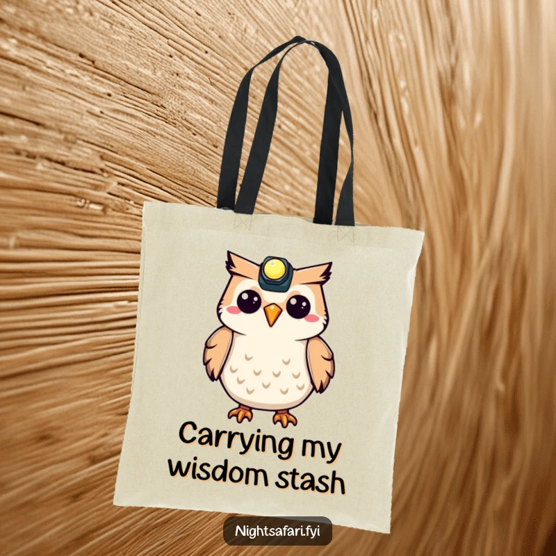Funny Owl Tote Bag showcasing a happy owl wearing a headlamp, perfect for carrying groceries and spreading joy.