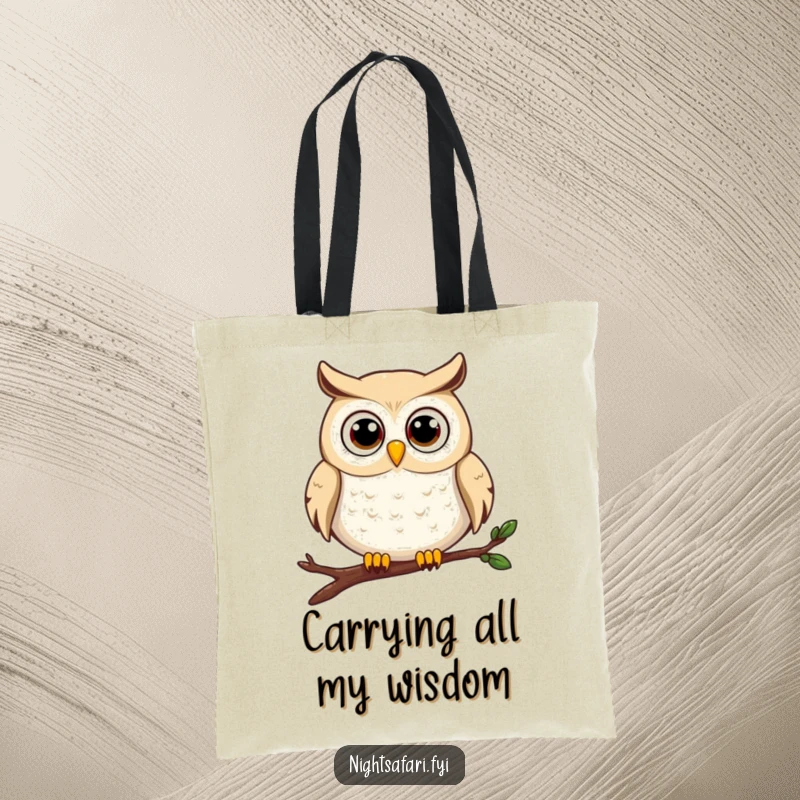 Funny owl tote bag showcasing a delightful wide-eyed owl character perched on a branch, ready for adventure.