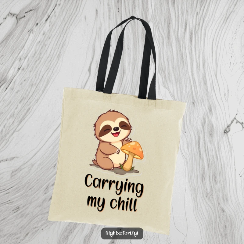 Funny sloth tote bag featuring a delighted sloth character slowly reaching for a bioluminescent mushroom.