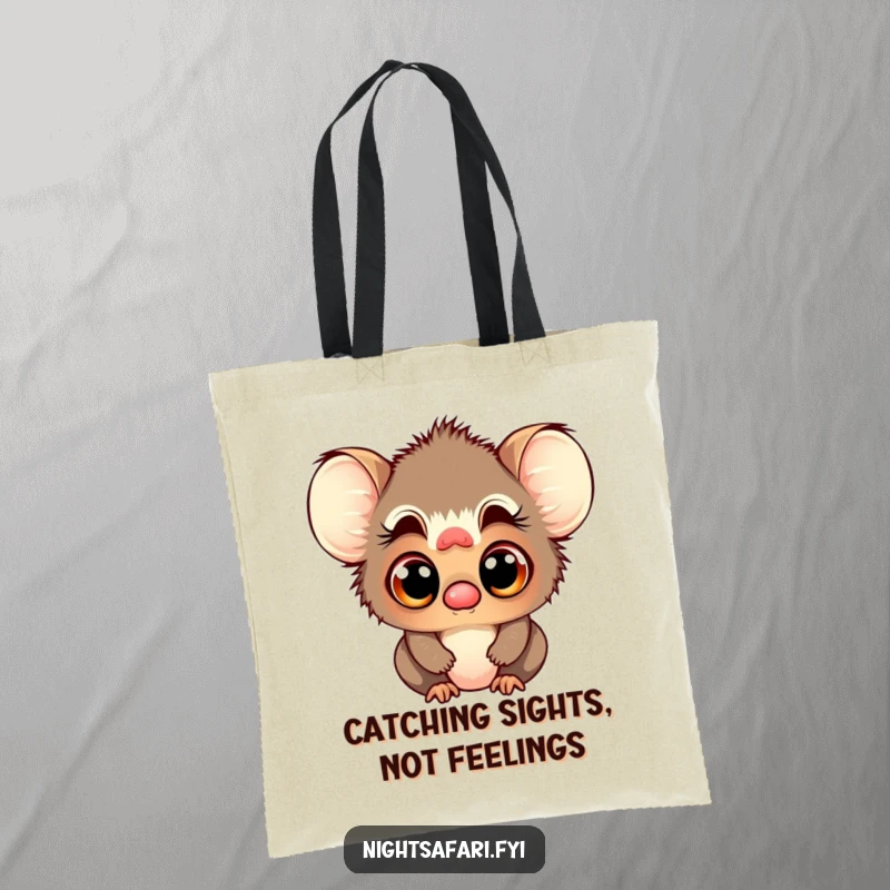 Funny tote bag featuring a playful tarsier character with large, curious eyes, ready for adventure.