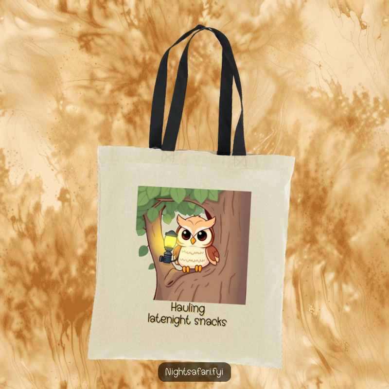 Funny owl with a headlamp on this tote bag, perfect for carrying books and essentials with curious flair.