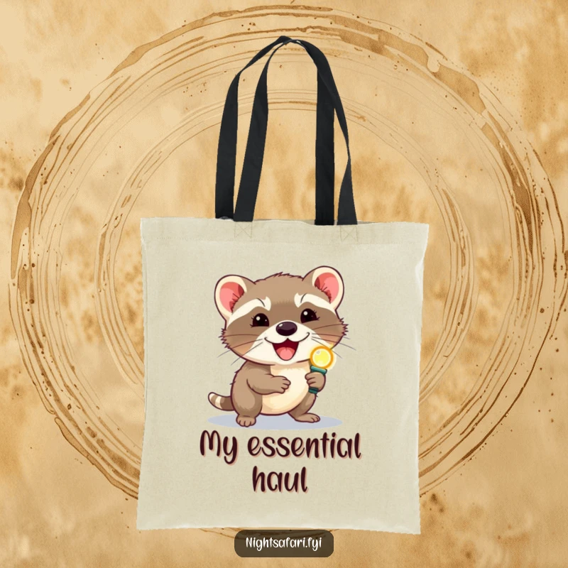 Funny delighted civet wearing a headlamp scurrying, on a practical tote bag for carrying items with a touch of humor.