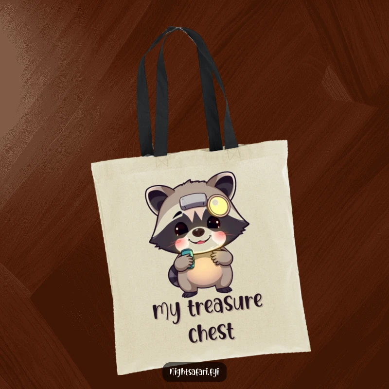 Funny cheerful raccoon wearing a headlamp rummaging, on a practical tote bag for carrying items with a touch of fun.