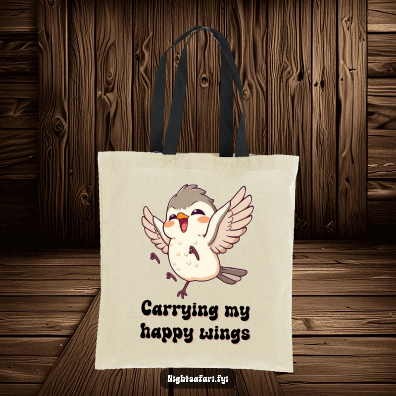 Funny tote bag featuring a giggling nightjar character in mid-flight, offering a delightful and humorous visual.